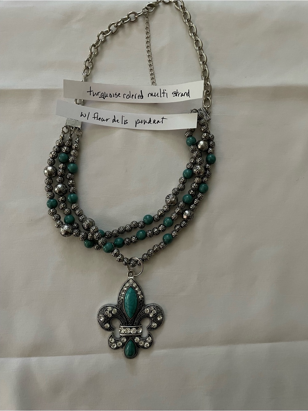 Turquoise Multi-Strand Fleur-de-Lis Pendant Necklace - Unbranded